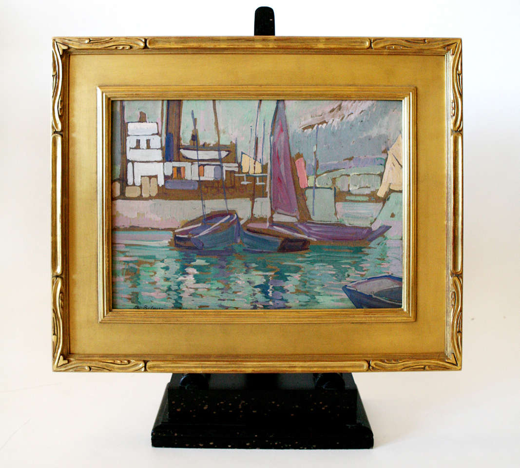 Waterscape titled The Port. Signed de Belay-. Oil on masonite. Giltwood frame. Image size: 18