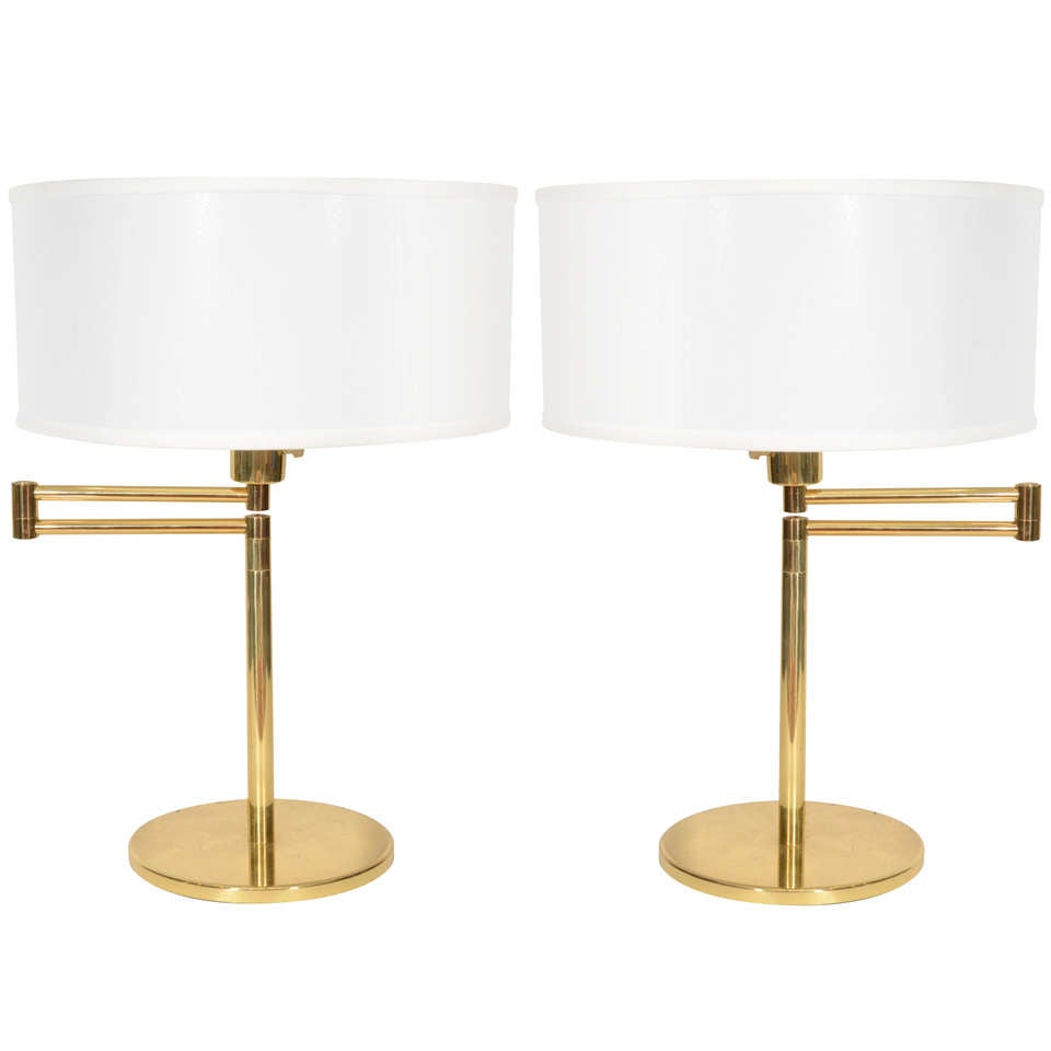 Pair of Brass Swing Arm Table Lamps by Hansen