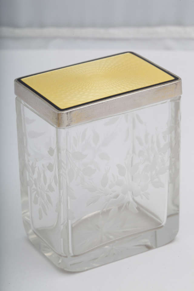 Art Deco, Sterling Silver, Yellow and Black Enamel, Etched Crystal Dresser Jar