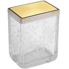 Antique Art Deco, Sterling Silver, Yellow and Black Enamel, Etched Crystal Dresser Jar