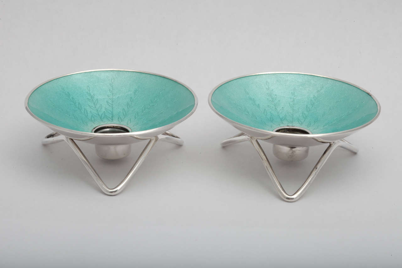 Mid-Century Modern, sterling silver and  turquoise blue enamel candlesticks, Denmark, 1940's-1950's, Anton Michelson - maker. Takes a 