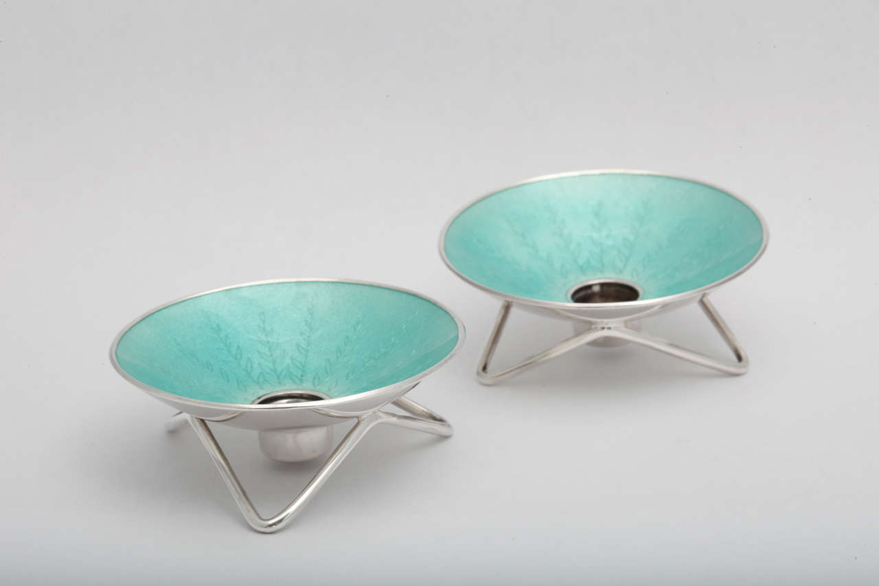 Mid-Century Modern Danish Sterling Silver and Enamel Candlesticks In Excellent Condition In New York, NY