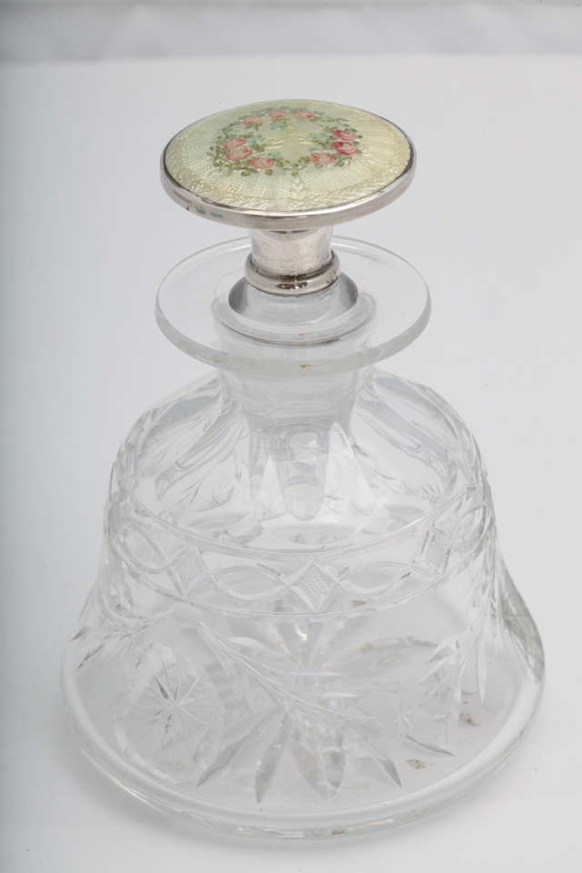 Sterling silver, enamel and etched crystal perfume bottle, Weidlich Bros. Mfg. Co., Bridgeport, Ct., Ca. 1915. Beige enamel-topped dauber is dcorated with roses; bell-shaped crystal bottle is beautifully etched. @4 1/2