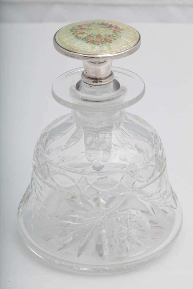 Edwardian Sterling Silver, Enamel and Etched Crystal Perfume Bottle