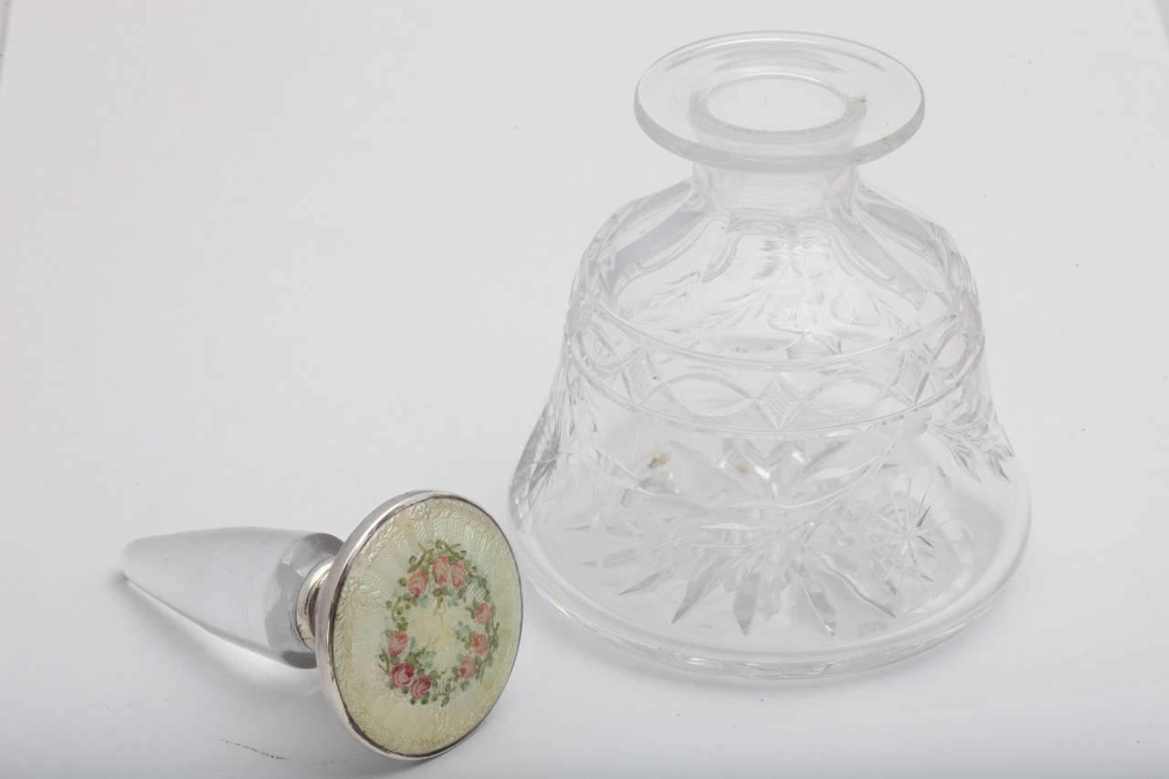 American Sterling Silver, Enamel and Etched Crystal Perfume Bottle