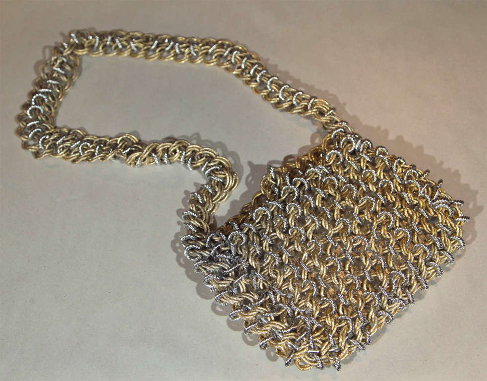 Raoul Calabro Gold & Silver-toned chain link shoulder bag with silver leather lining. Signed Mulano New York