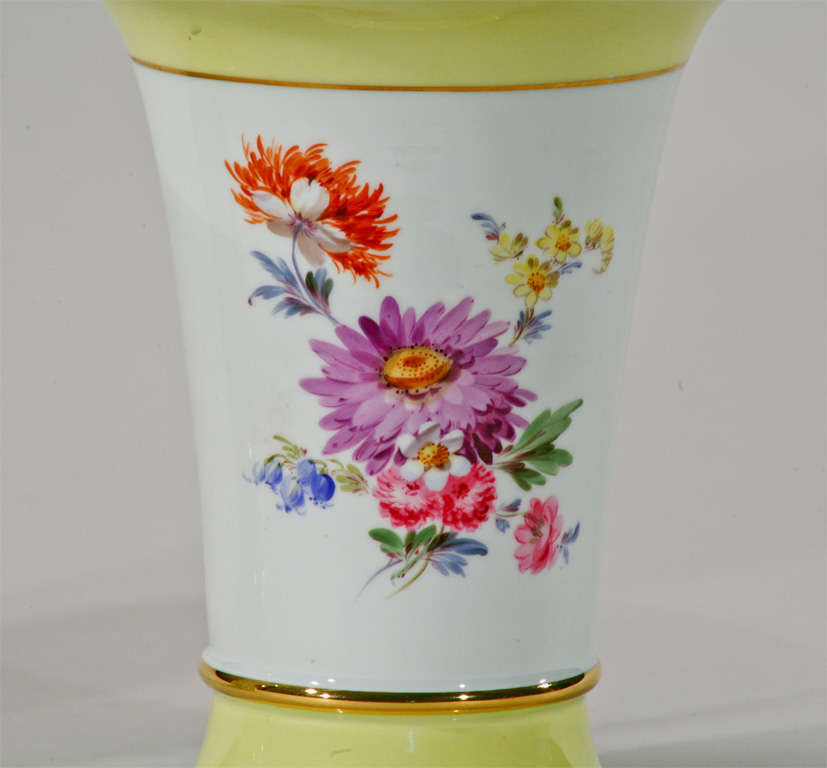 German Pair of Signed Meissen Lemon Yellow Hand-Painted Botanical Vases For Sale