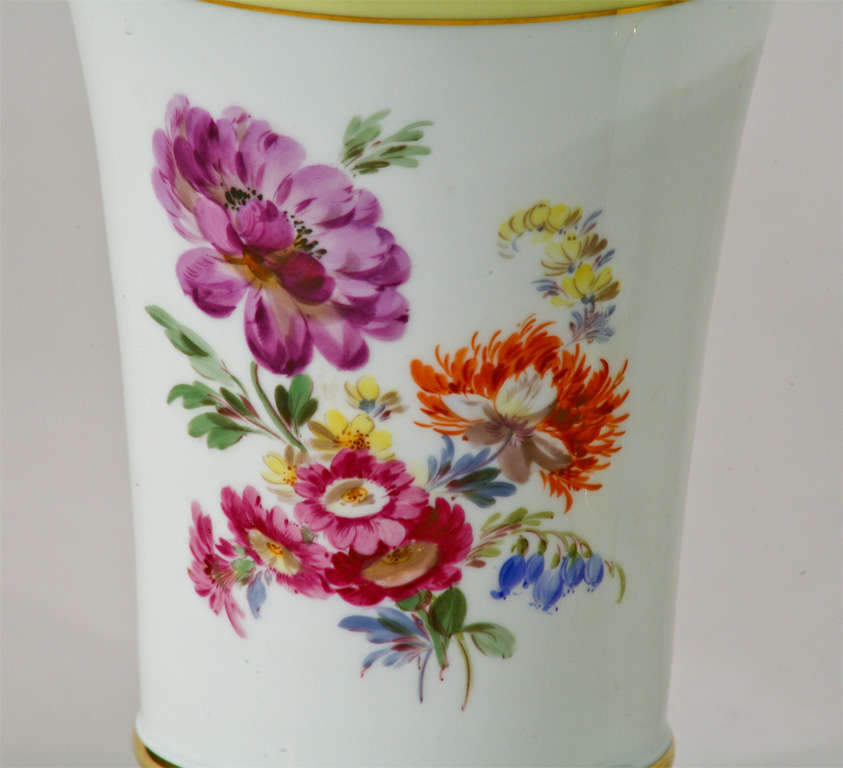 Paar signierte zitronengelbe, handbemalte botanische Meissener Vasen (Vergoldet) im Angebot