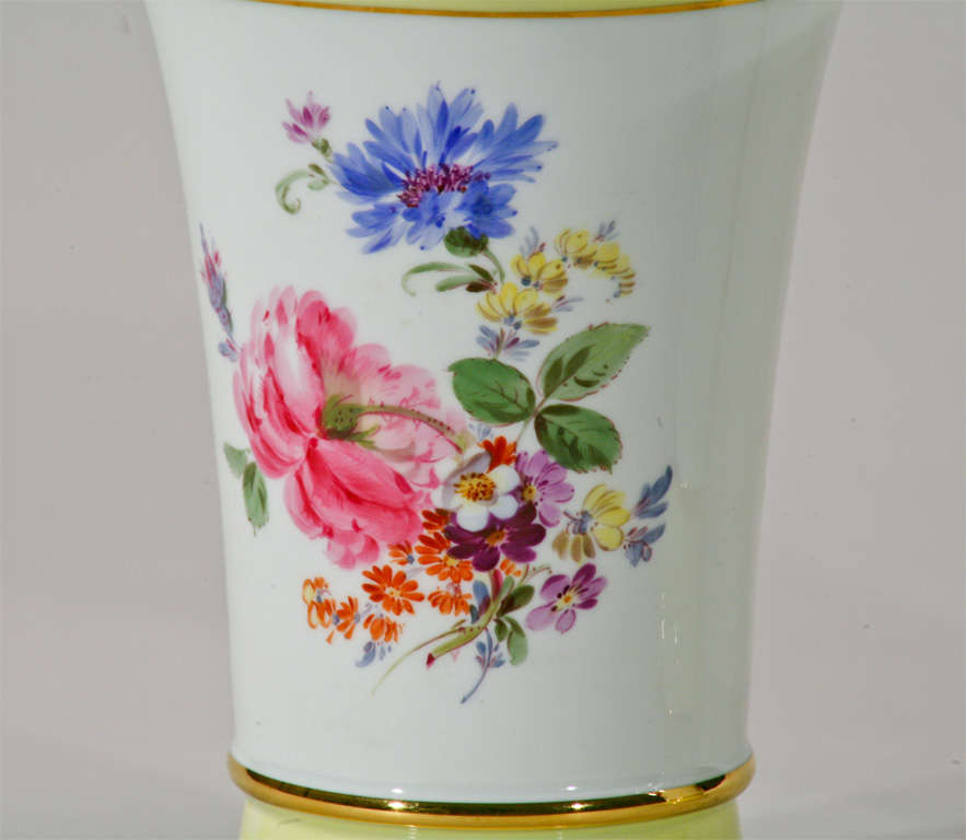 Porcelain Pair of Signed Meissen Lemon Yellow Hand-Painted Botanical Vases For Sale