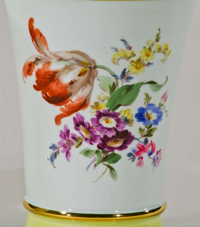 Paar signierte zitronengelbe, handbemalte botanische Meissener Vasen im Angebot 1
