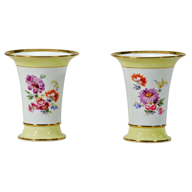 Paar signierte zitronengelbe, handbemalte botanische Meissener Vasen