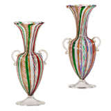 Pair of Venetian Hand Blown Vases W/ Multicolor Latticino
