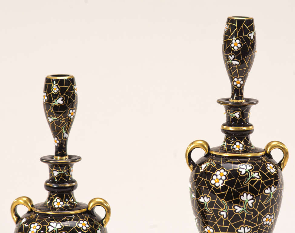 Czech Pair of Bohemian Black Crystal Perfumes with Enamel Decoration