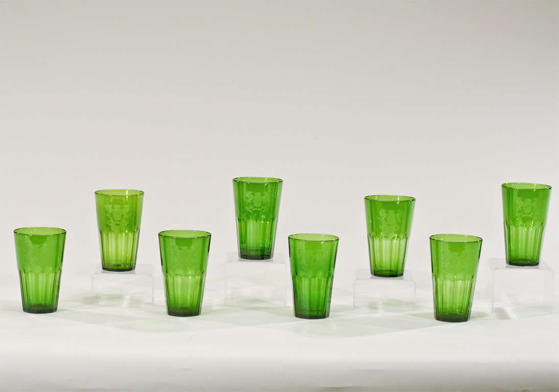 This set of 8 large hand blown crystal tumblers were made by Steuben in the deep 