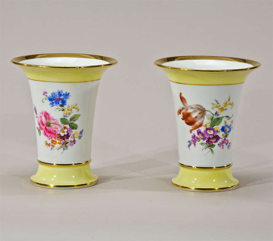 Pair of Signed Meissen Lemon Yellow HandPainted Botanical Vases For