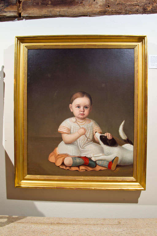 19th Century Child with Dog American Folk Art Portrait
