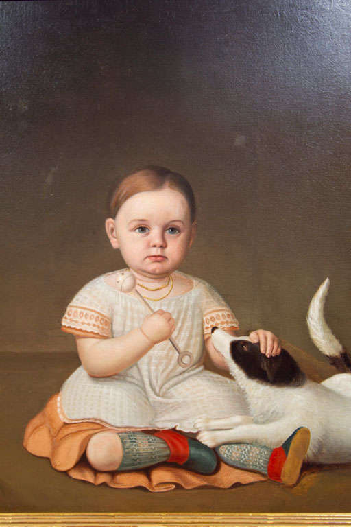 Canvas Child with Dog American Folk Art Portrait