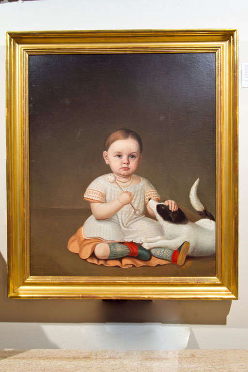New Hampshire. Oil on Canvas, lined, and museum backed in a gilt frame. <br />
The blue-eyed subject is seen full length seated with a dog. Holding a rattle in her right hand she wears red and blue shoes with knee socks and a salmon colored dress
