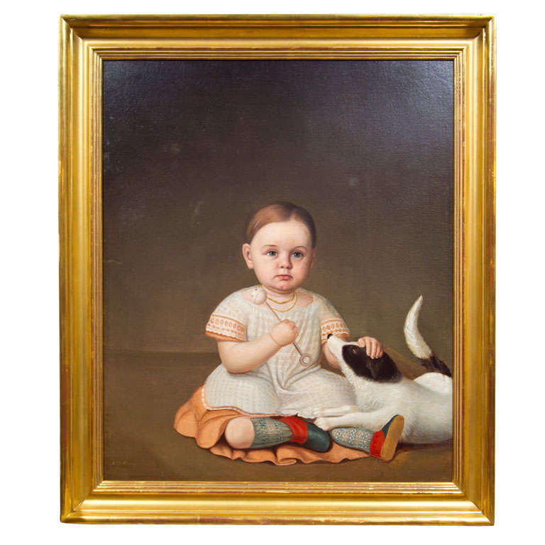 Child with Dog American Folk Art Portrait