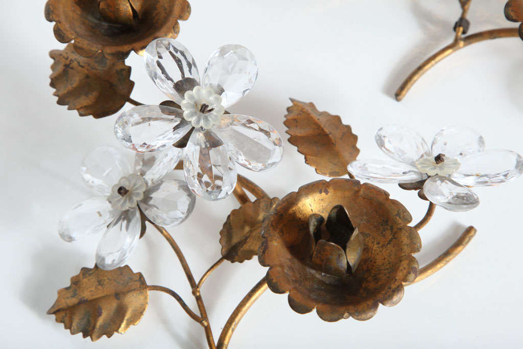 Brass Ornate Crystal Floral candleholder For Sale