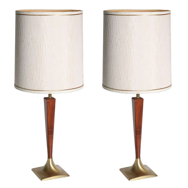 Pair of Wood and Brass Lamps For Sale