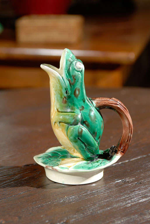 Glazed 19th C English Majolica Frog Pitcher by Edward Steele