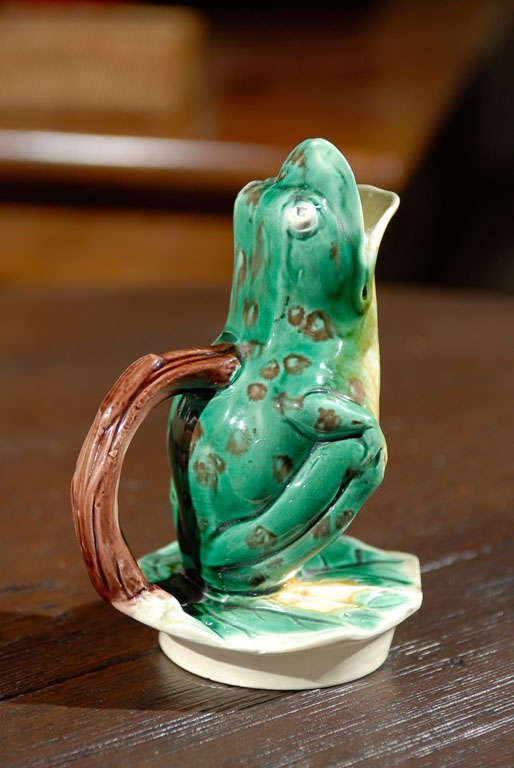 19th C English Majolica Frog Pitcher by Edward Steele 1