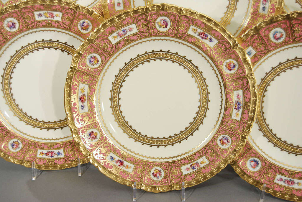 Gilt 12 Royal Crown Derby Hand Painted Dinner Plates W/ Raised Gold Made for Tiffany