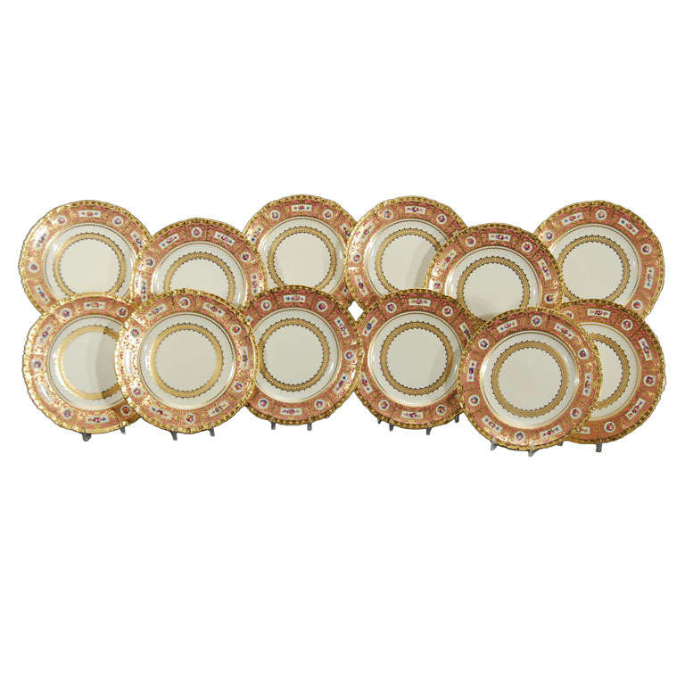 12 Royal Crown Hand Painted Dinner Plates W/ Raised Gold Made for Tiffany For Sale