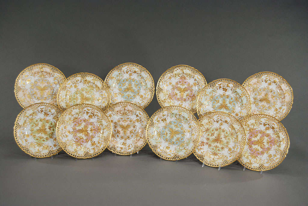 German Set of 12 KPM Handpainted Art Nouveau Raised Paste Gold Plates