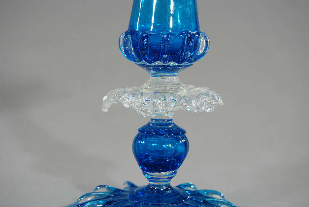 Blown Glass Pair of Salviati Venetian Hand Blown Candlesticks with Bobeches- For Sale