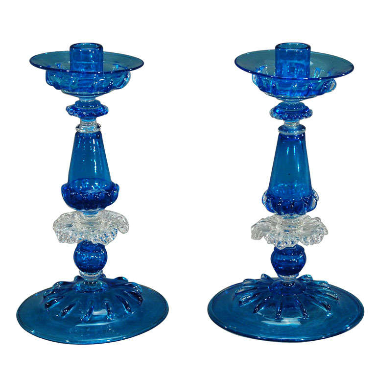 Pair of Salviati Venetian Hand Blown Candlesticks with Bobeches- For Sale