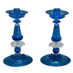 Pair of Salviati Venetian Hand Blown Candlesticks with Bobeches-
