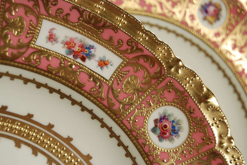 12 Royal Crown Derby Hand Painted Dinner Plates W/ Raised Gold Made for