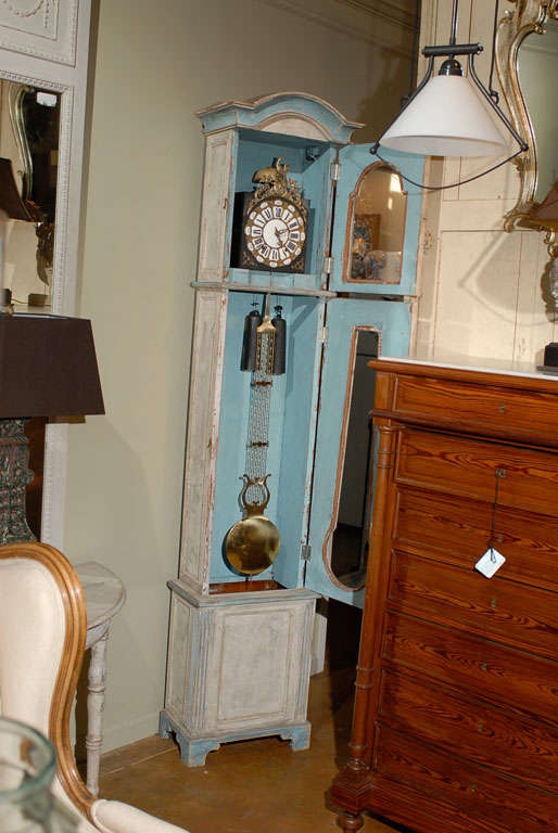Brass French Light Painted Louis XVI Style Tall Case Clock from the Late 19th Century