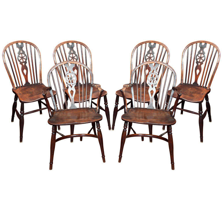 Set of 6 Antique English Wheelback Windsor Chairs