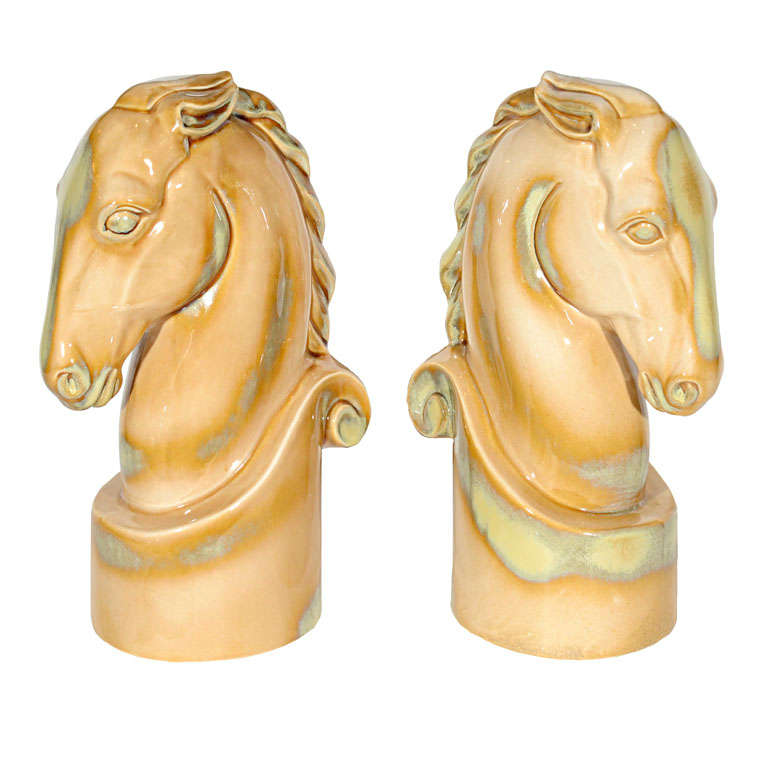 Pair of Stylized Knight Horse Ceramic Sculptures