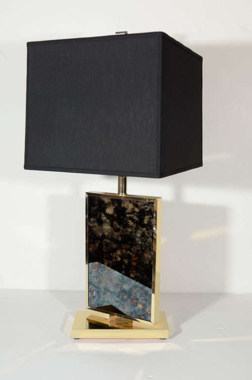 Modern Architectural Brass Lamp with Reflective Tortoise Plexi For Sale