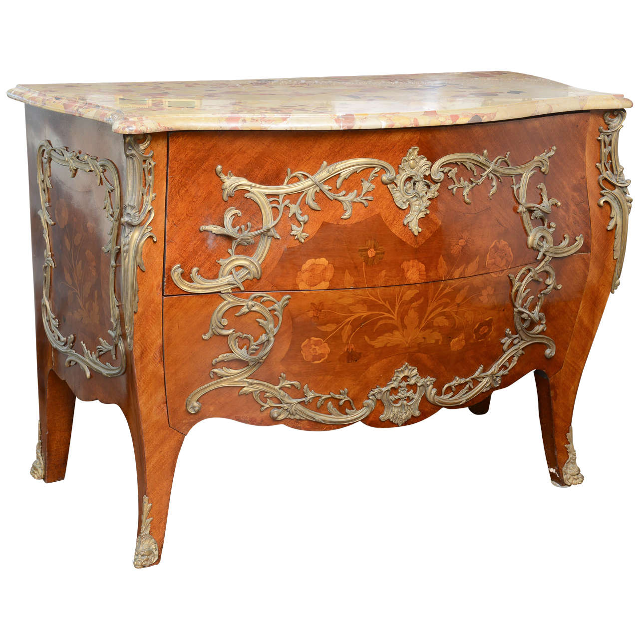 French Louis XV Style Commode with Marquetry and Ormolu, circa 1900