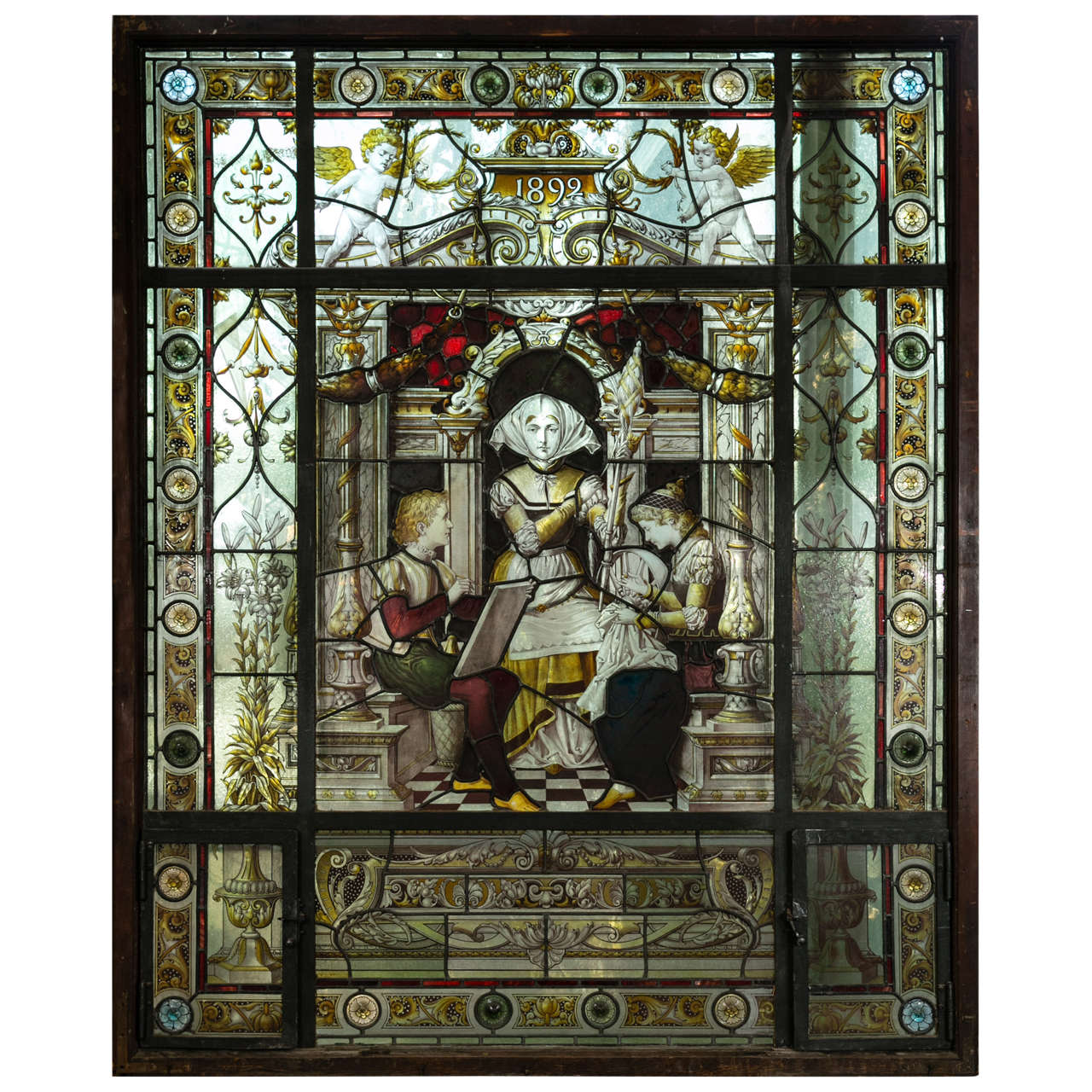 Antique Reverse Painted Stained Glass Window