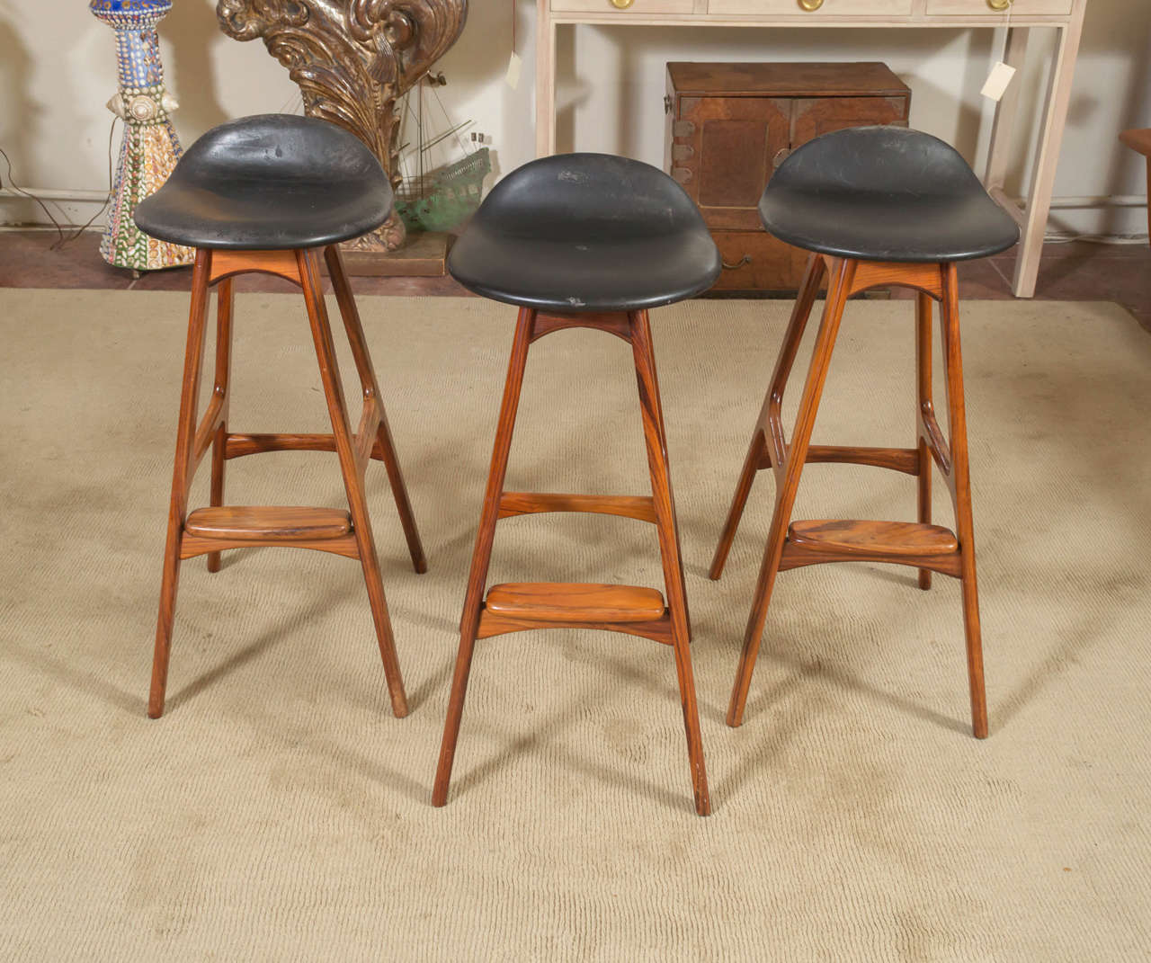 Scandinavian Modern Three Rosewood Danish Barstools by Erik Buch