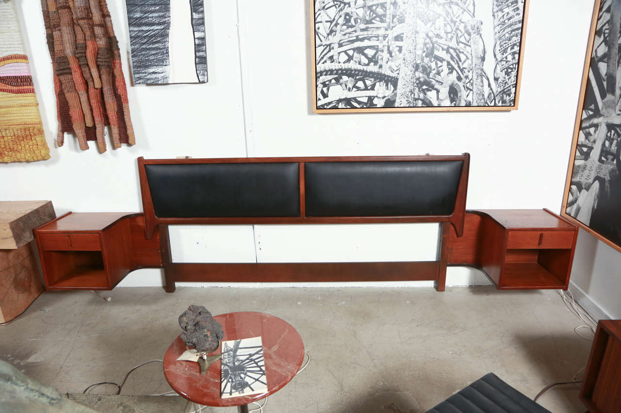 Leather and walnut headboard with attached nightstands by Richard Thompson for Glenn of CA, 1960.
