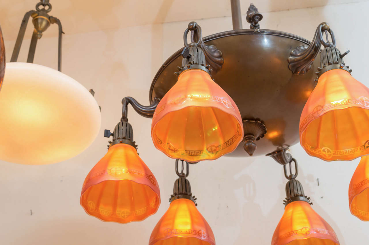 Edwardian Six-Arm Chandelier with Rare and Special Glass Shades