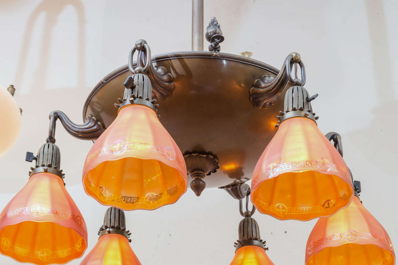 Early 20th Century Six-Arm Chandelier with Rare and Special Glass Shades