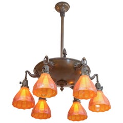 Antique Six-Arm Chandelier with Rare and Special Glass Shades