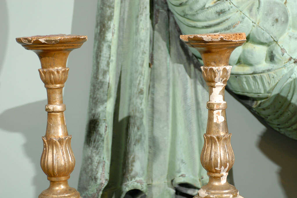 Pair of Italian 18th Century Giltwood Altarsticks In Fair Condition For Sale In Atlanta, GA