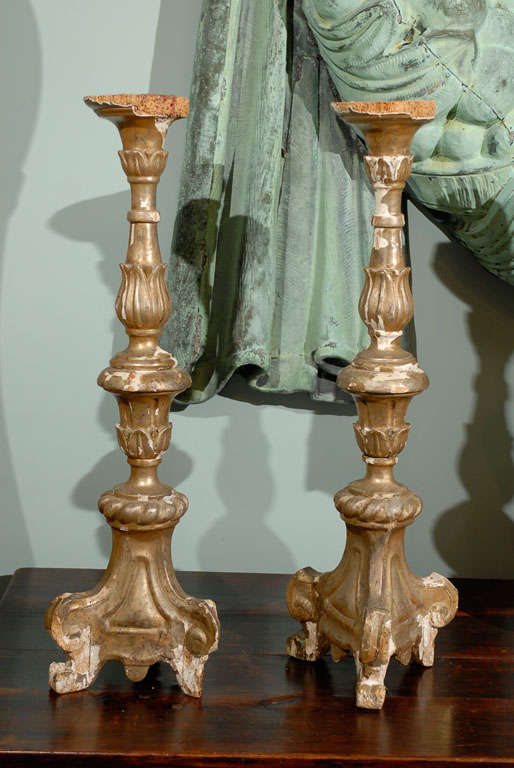 Pair of Italian 18th Century Giltwood Altarsticks For Sale 3