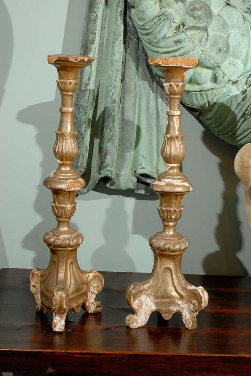 Pair of Italian 18th Century Giltwood Altarsticks For Sale 4