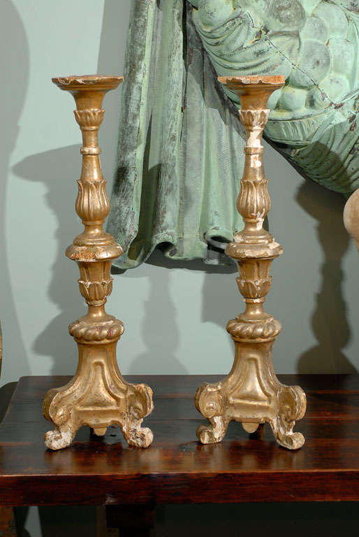 Pair of Italian 18th Century Giltwood Altarsticks For Sale 5