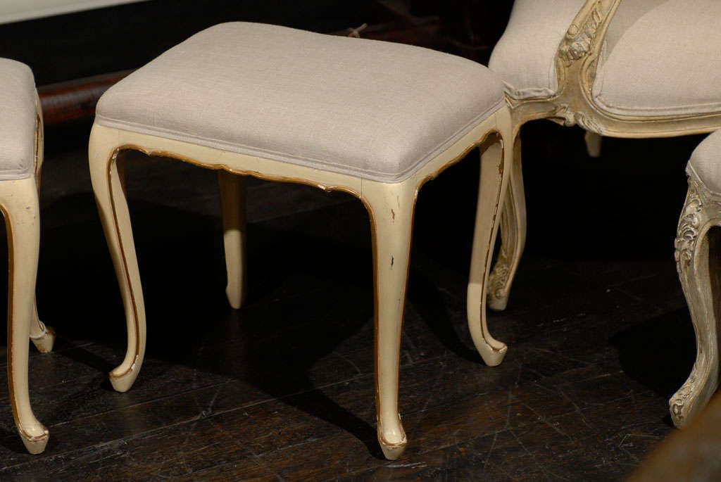 20th Century A Pair of French Vintage Louis XV Style Painted Stools with Gilt Accents